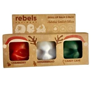REBELS REFINERY New Skull Lip Balms 3 Pack Cranberry Gingerbread Candy Cane
